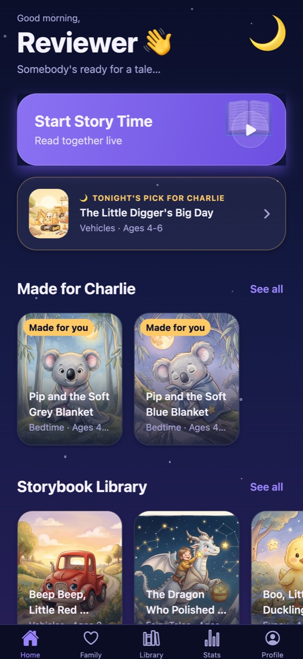The StoryLink home screen with the Start Story Time button and tonight's pick.