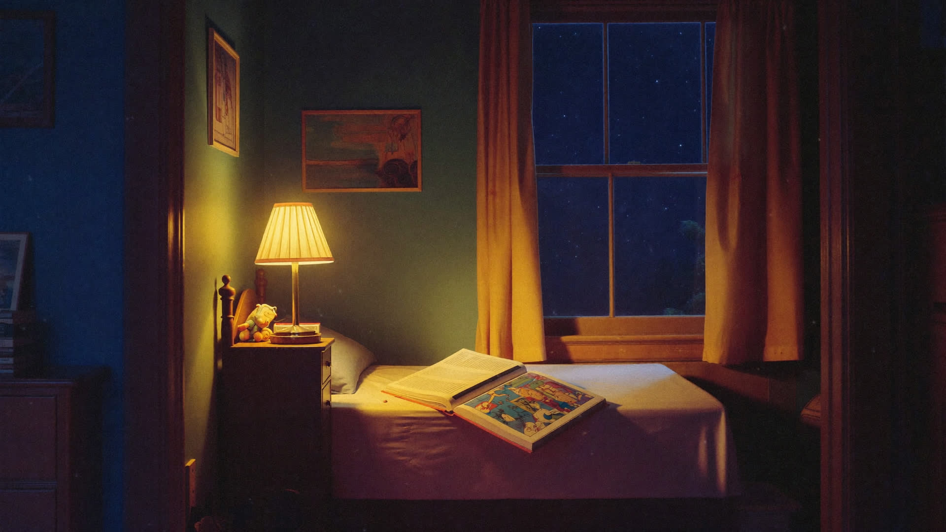 A cosy child's bedroom at bedtime, lamp lit, a book open on the bed.