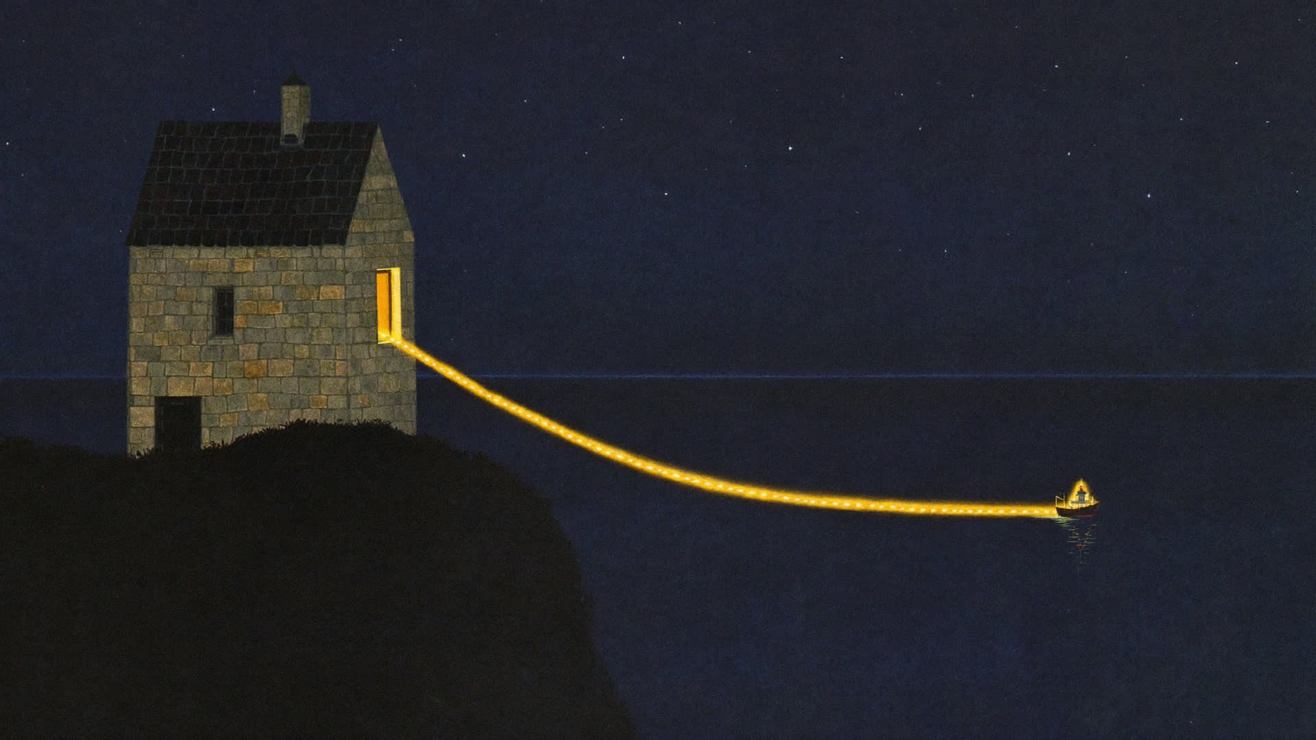 A stone house on a dark headland at night with one lit window, and a thread of golden light running from it across the sea to a small lit ship far out on the water