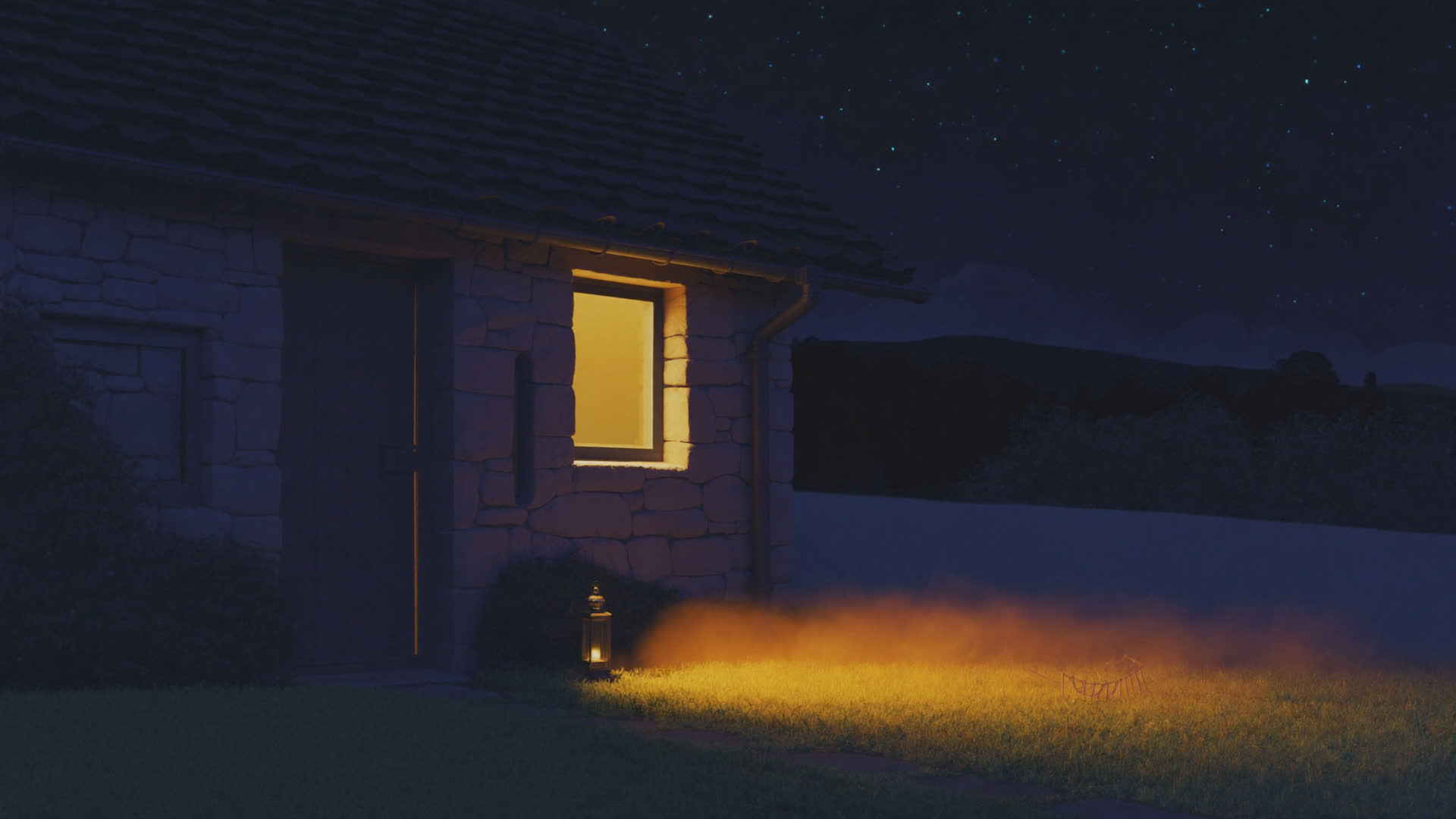 A cottage window at night with a lamp lit inside and a brass lantern by the door, light spilling onto the grass.